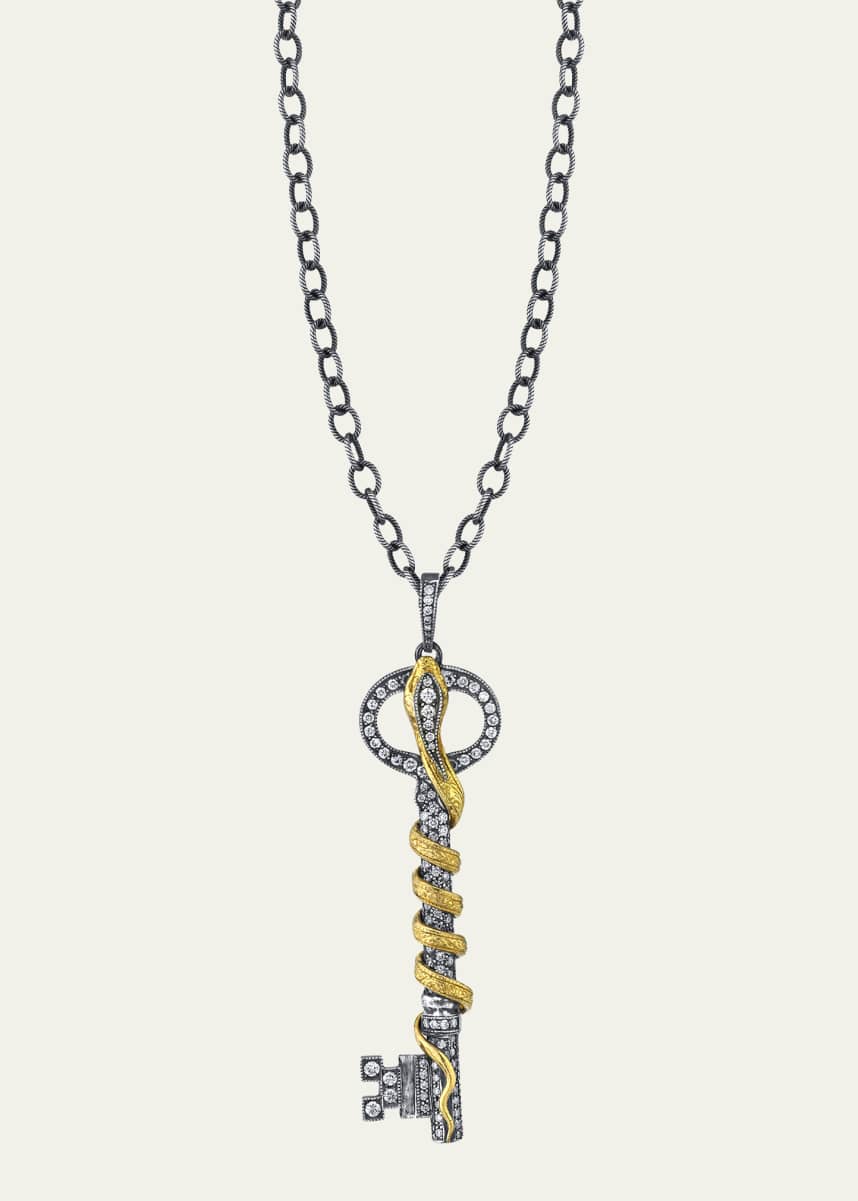 Arman Sarkisyan Long Diamond Key Pendant with Snake on Oxidized Silver Chain