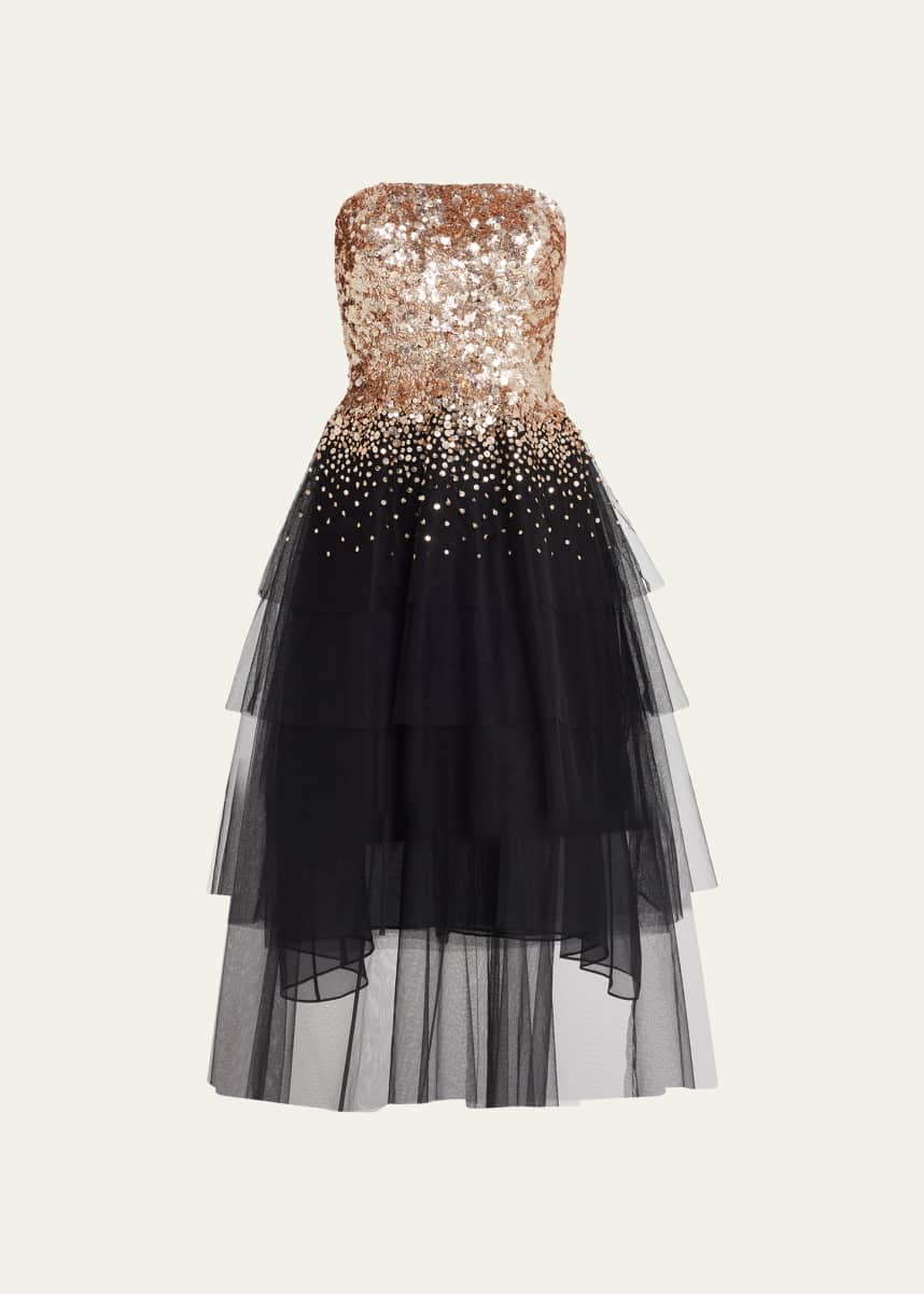 Pamella Roland Sequin Embellished Tiered Tulle Cocktail Dress