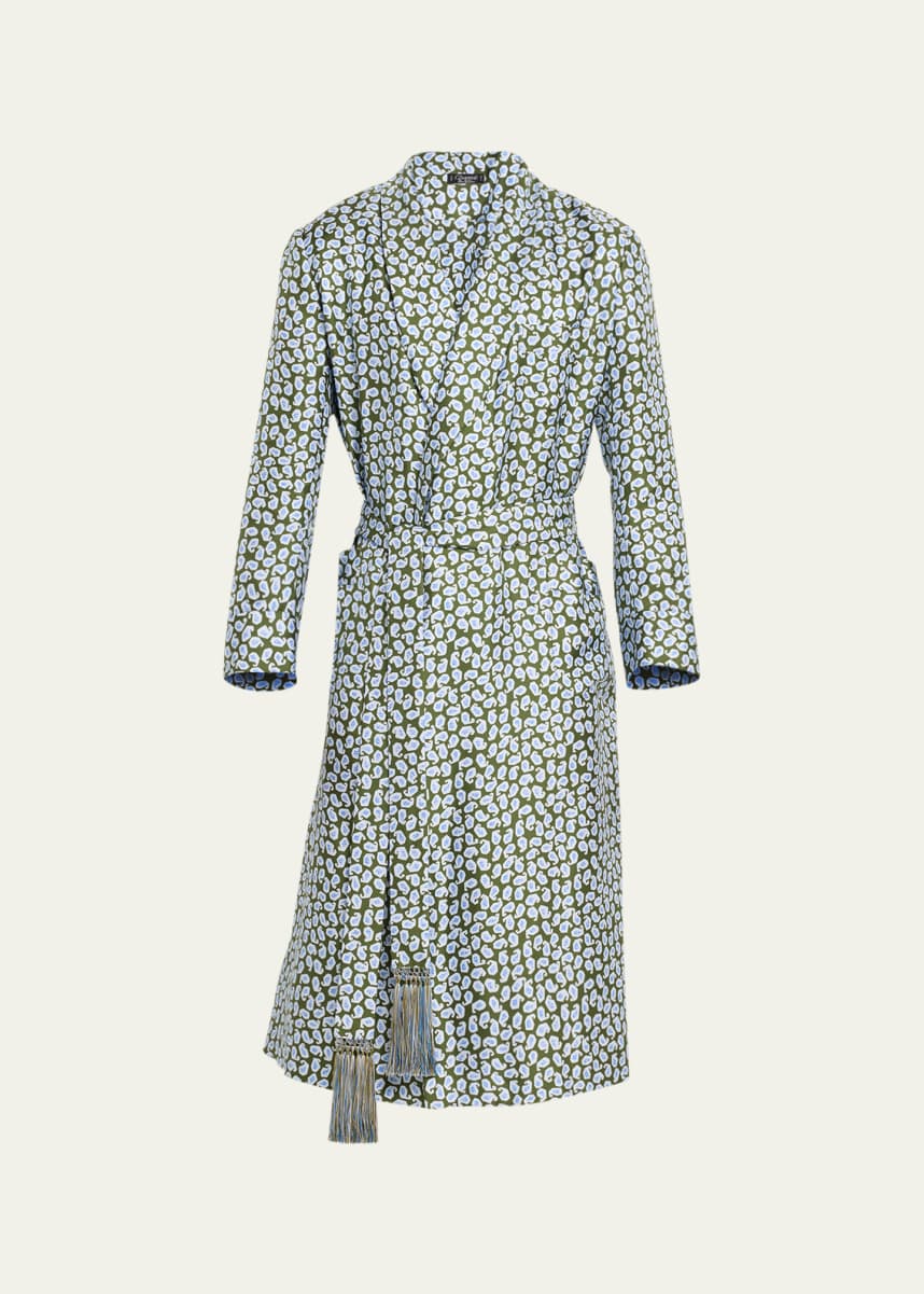 Charvet Men's Whale-Print Silk Robe with Fringe Belt