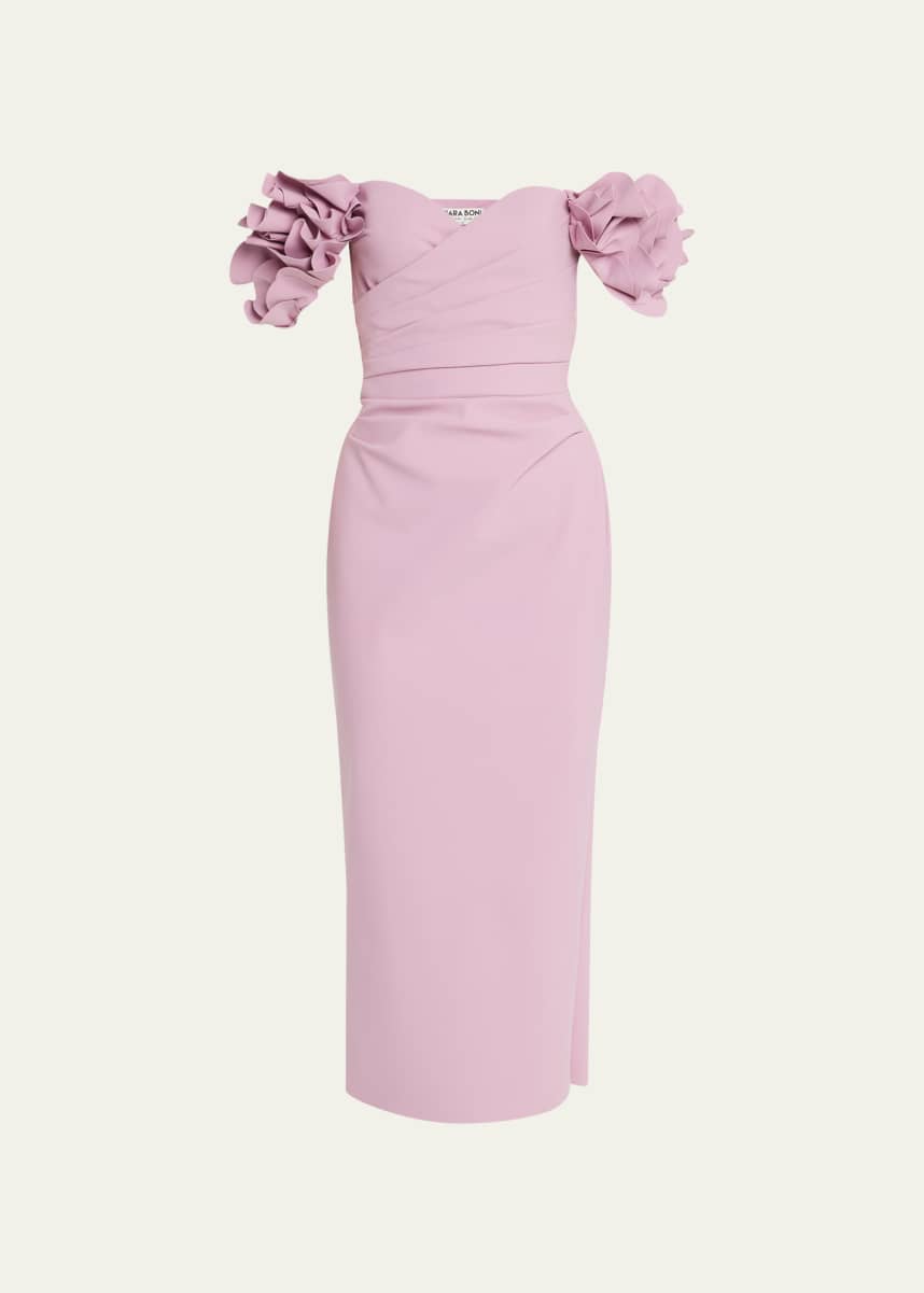 Chiara Boni La Petite Robe Xiana Pleated Off-Shoulder Jersey Midi Dress