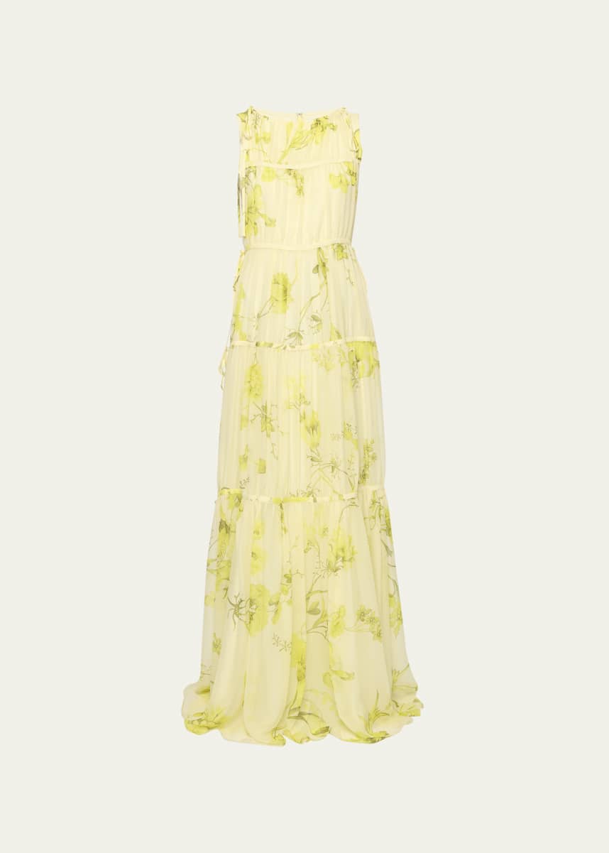 Erdem Tiered Floral Print Gown w/ Tie Details