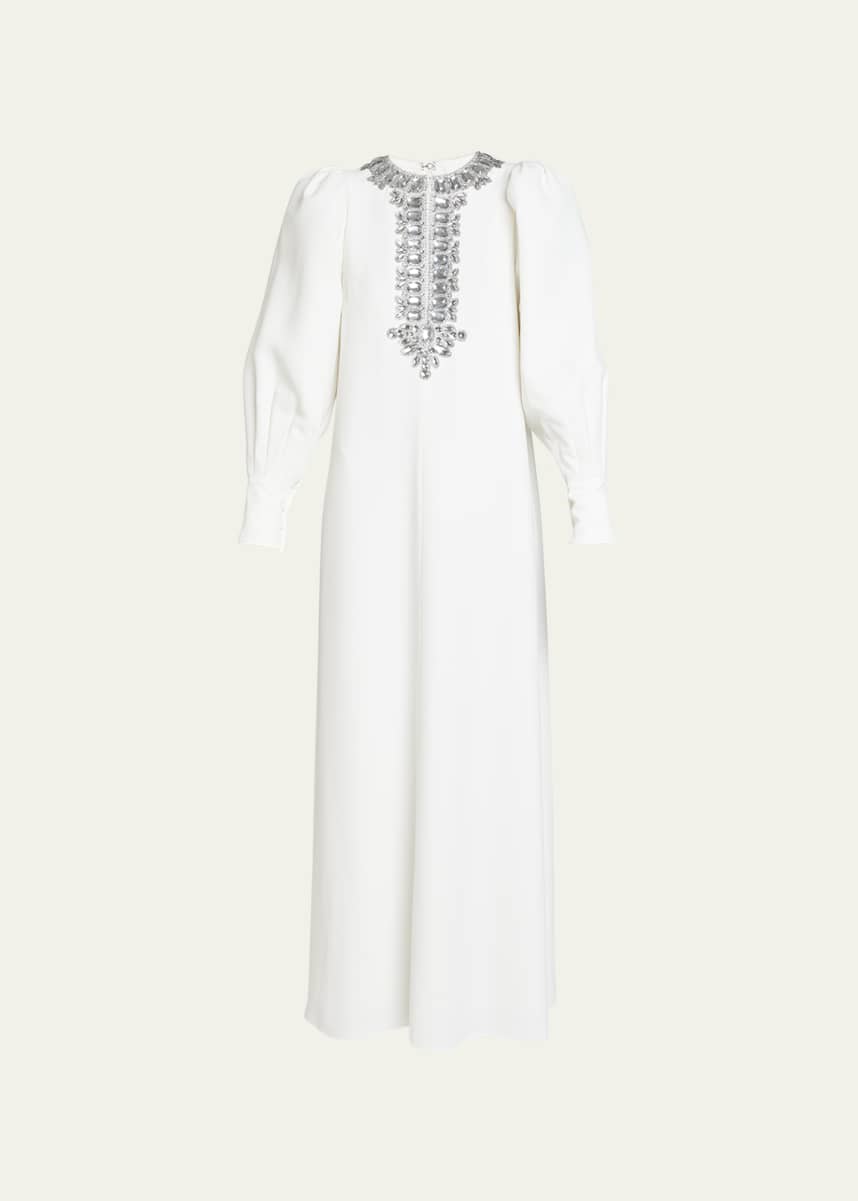 Andrew Gn Jeweled Bib Puff-Sleeve Gown
