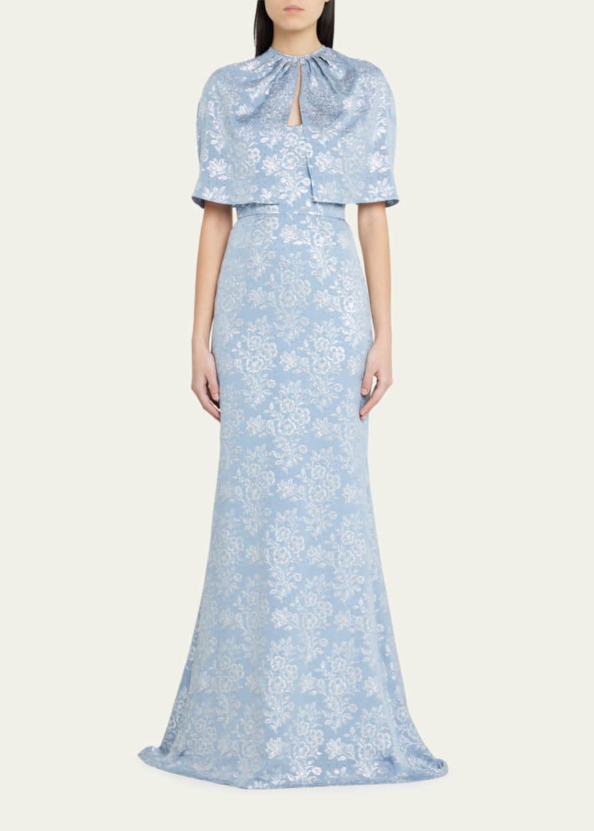 Markarian Leonora Sweetheart Metallic Floral Capelet Gown