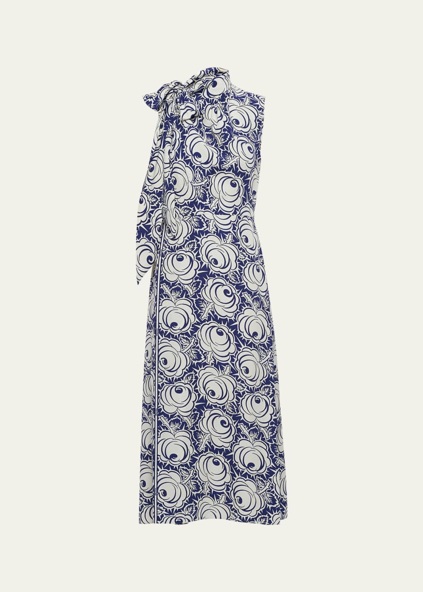 Prada Floral-Print Midi Dress with Scarf Neck