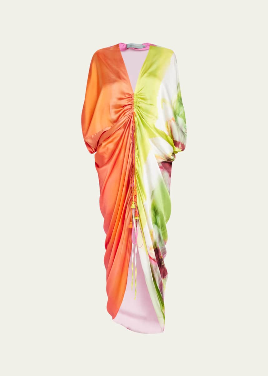 Silvia Tcherassi Cloister Watercolor-Print Ruched Midi Silk Dress