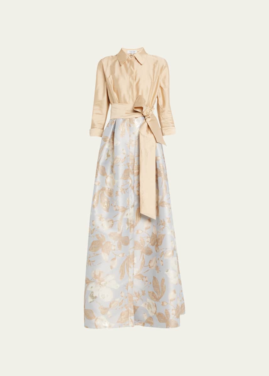 Rickie Freeman for Teri Jon Floral Jacquard Waist Taffeta Shirtdress Gown