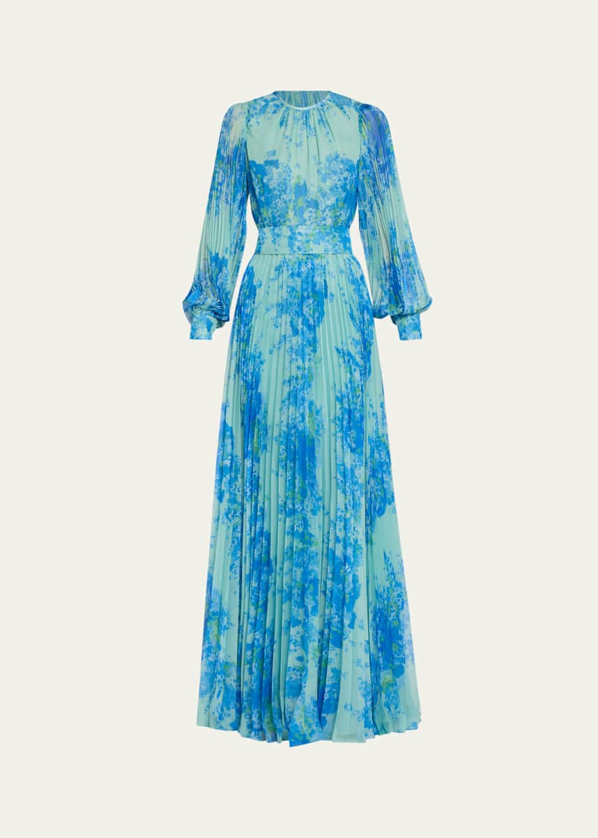 Rickie Freeman for Teri Jon Pleated Floral-Print Blouson-Sleeve Gown