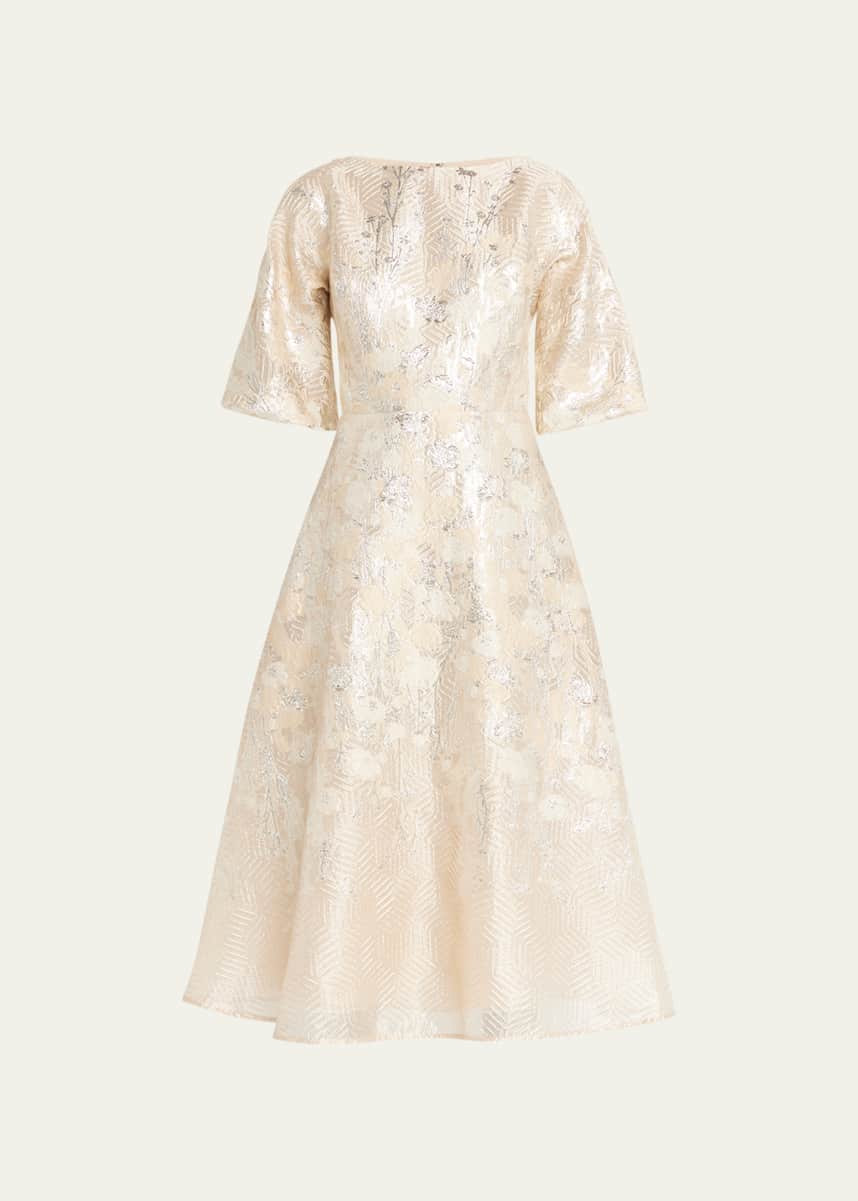 Rickie Freeman for Teri Jon Blouson-Sleeve Metallic Jacquard Midi Dress