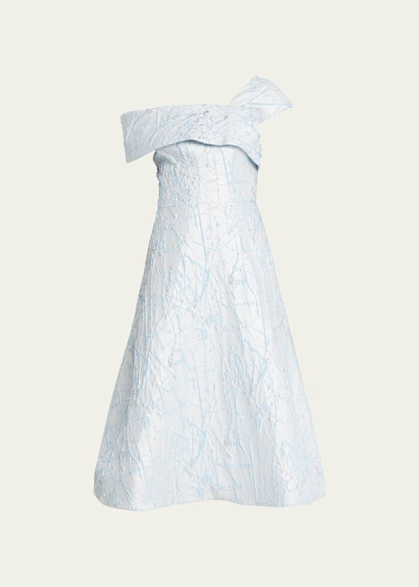 Rickie Freeman for Teri Jon Asymmetric A-Line Metallic Jacquard Midi Dress