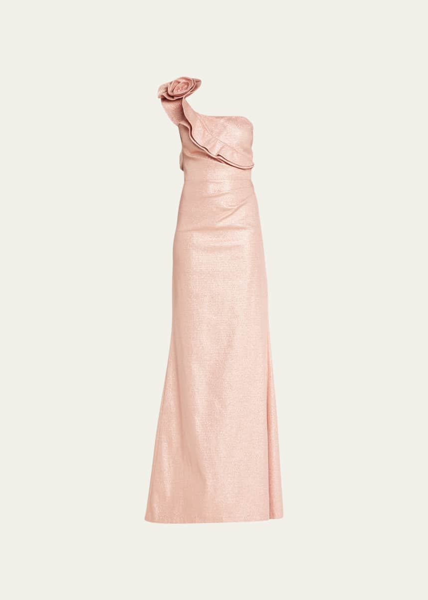 Rickie Freeman for Teri Jon One-Shoulder Metallic Jacquard Flower Gown