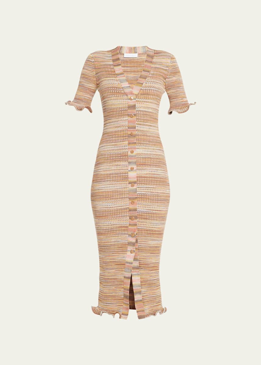 SIMKHAI Joei Space-Dyed Knit Lettuce-Edge Midi Henley Dress