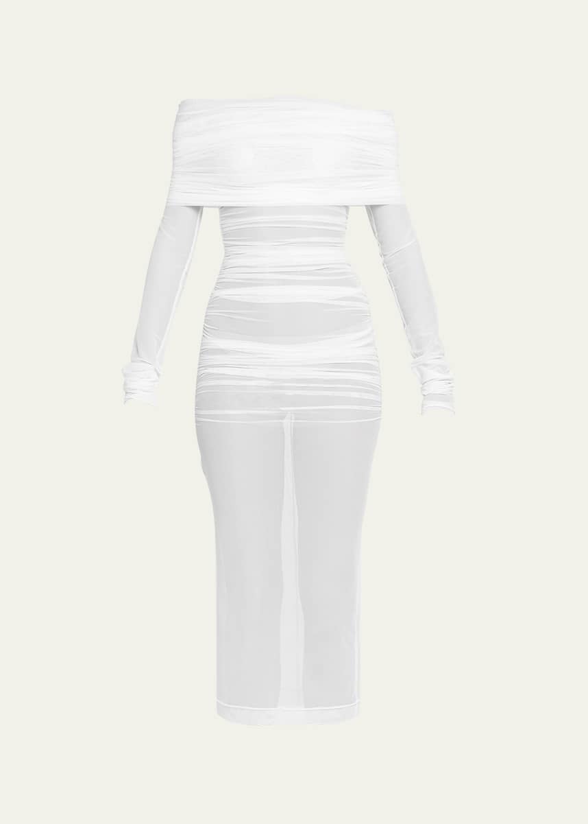 Dolce&Gabbana Sheer Tulle Off-Shoulder Ruched Midi Dress