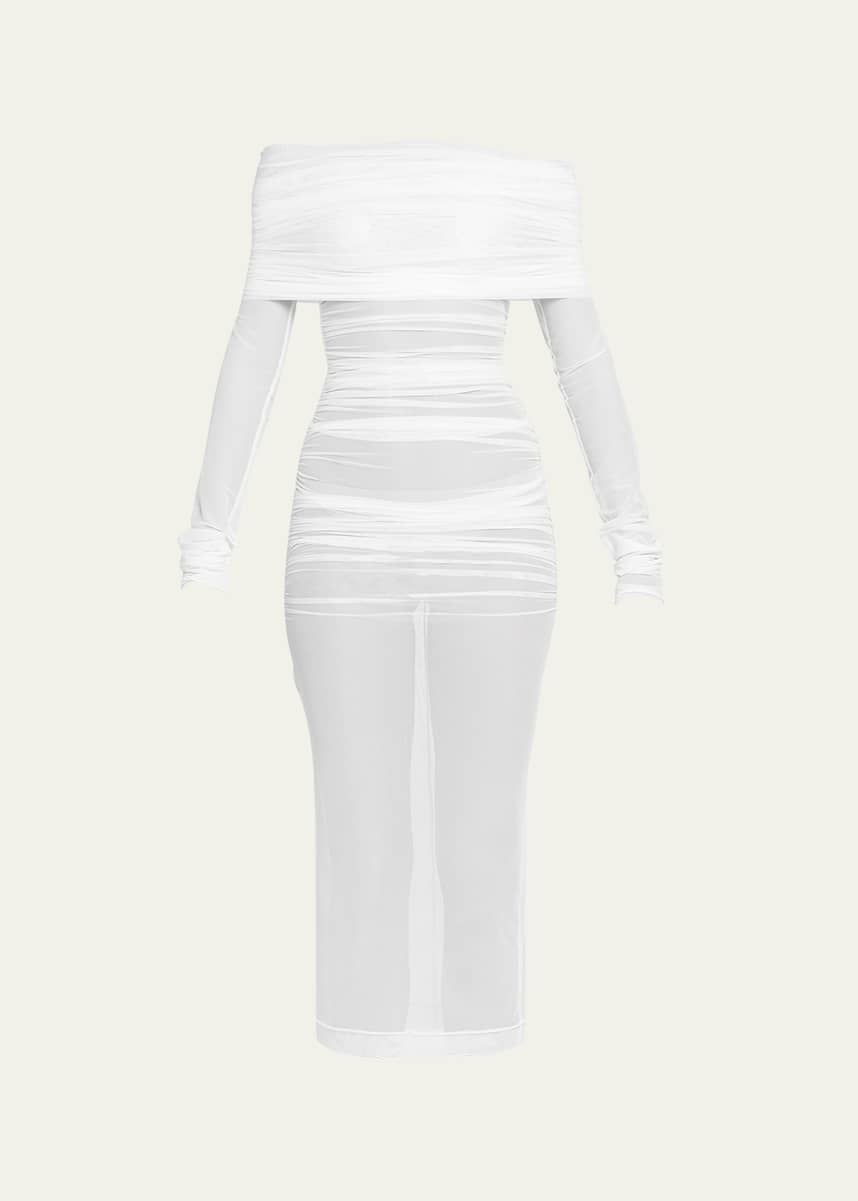 Dolce&Gabbana Sheer Tulle Off-Shoulder Ruched Midi Dress