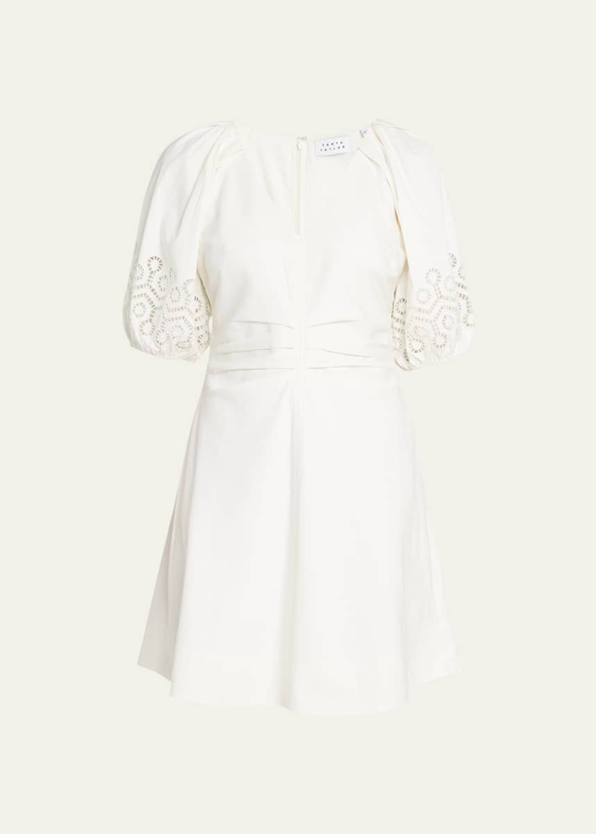 Tanya Taylor Lacey Broderie Puff-Sleeve Mini Poplin Dress