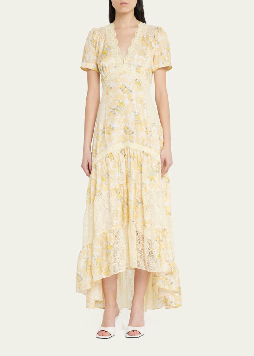LoveShackFancy Tink Floral Lace Silk Midi Dress