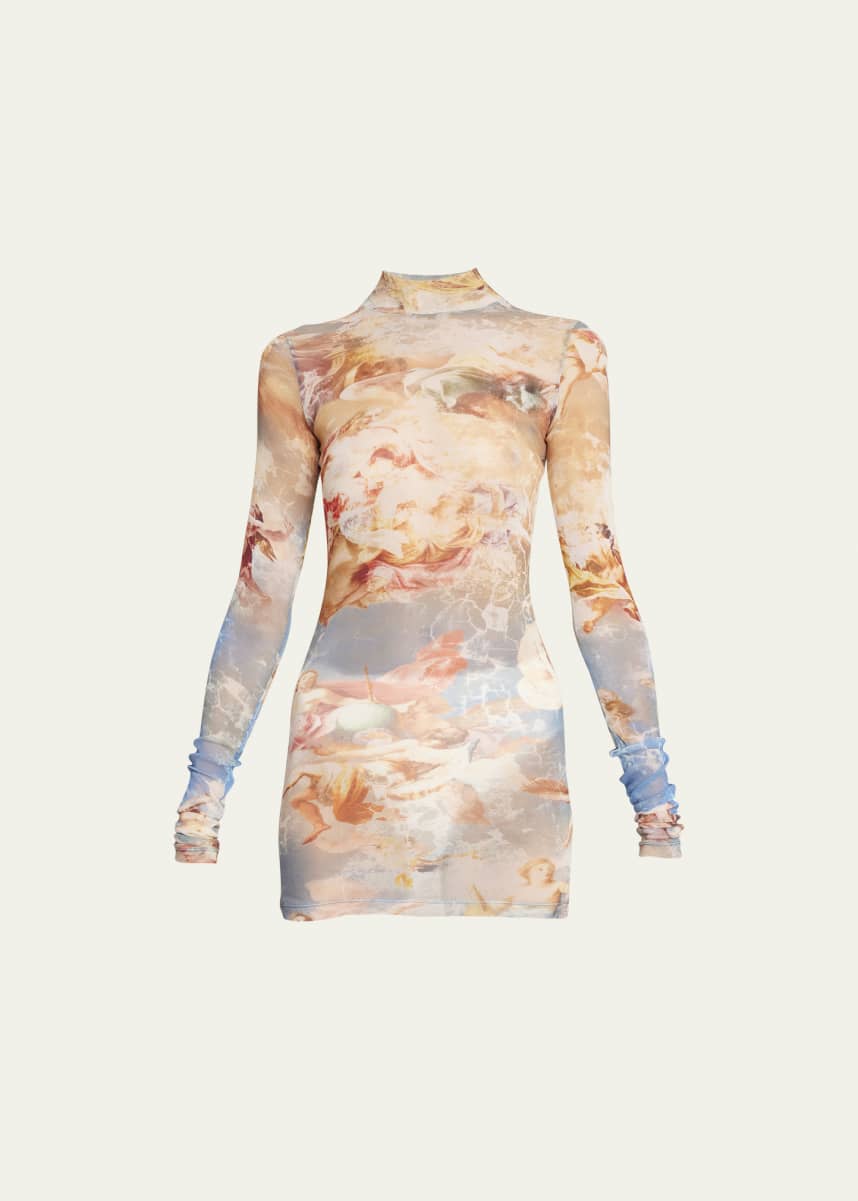 Balmain Turtleneck Sky-Print Tulle Top