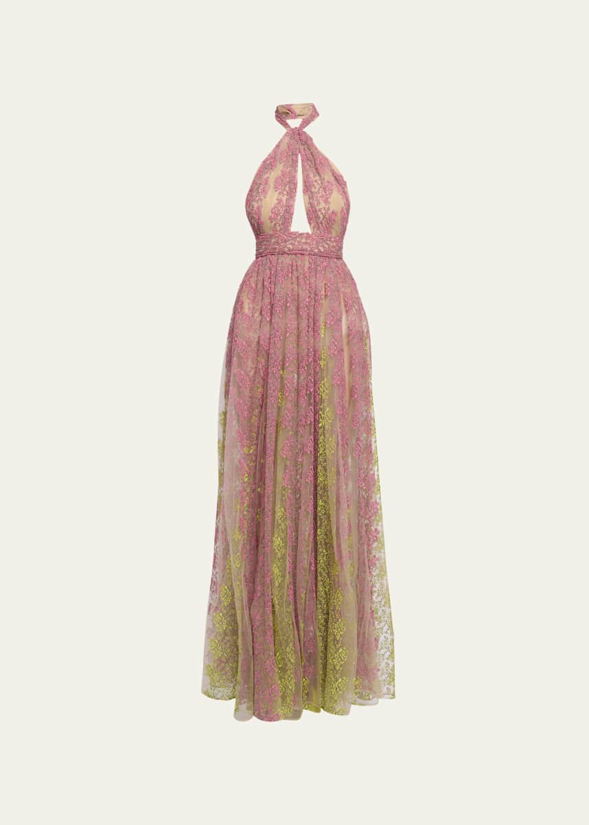 Elie Saab Bicolor Embroidered Tulle Halter Dress