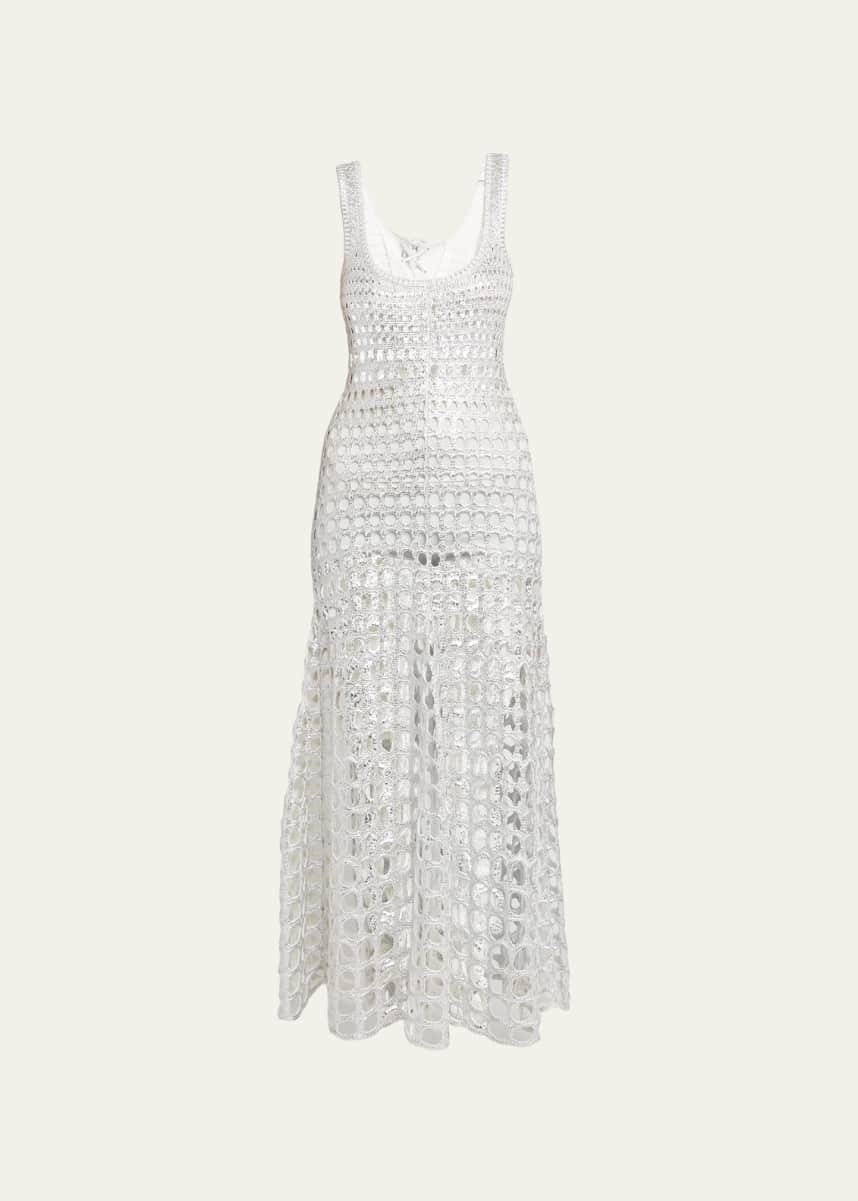 Chloe Silver Macrame Maxi Dress with Lace-Up Back