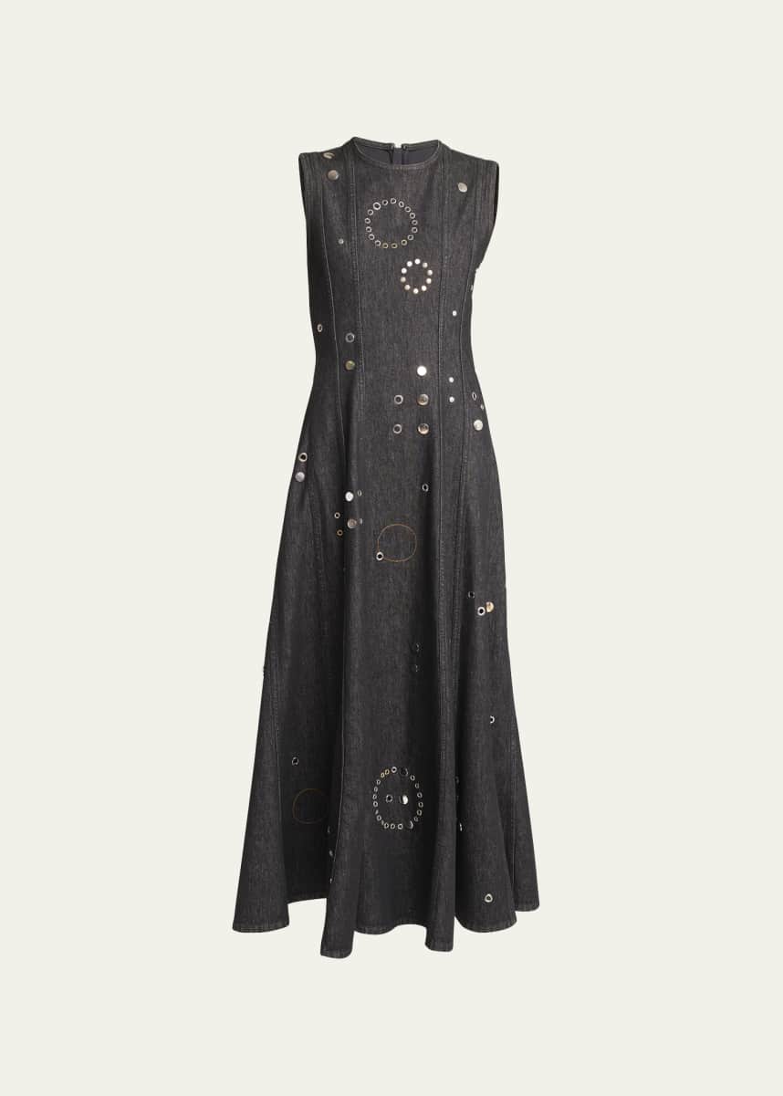 Chloe Denim Maxi Dress With Grommet Embellishments