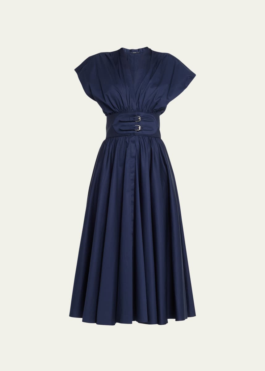 Alexis Jaden Buckle-Waist Pleated Midi Dress