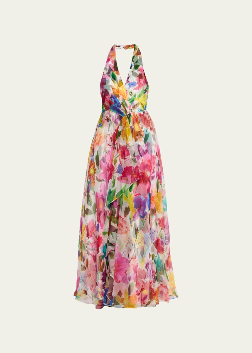 Badgley Mischka Collection Floral-Print Ruffle-Trim Organza Halter Gown