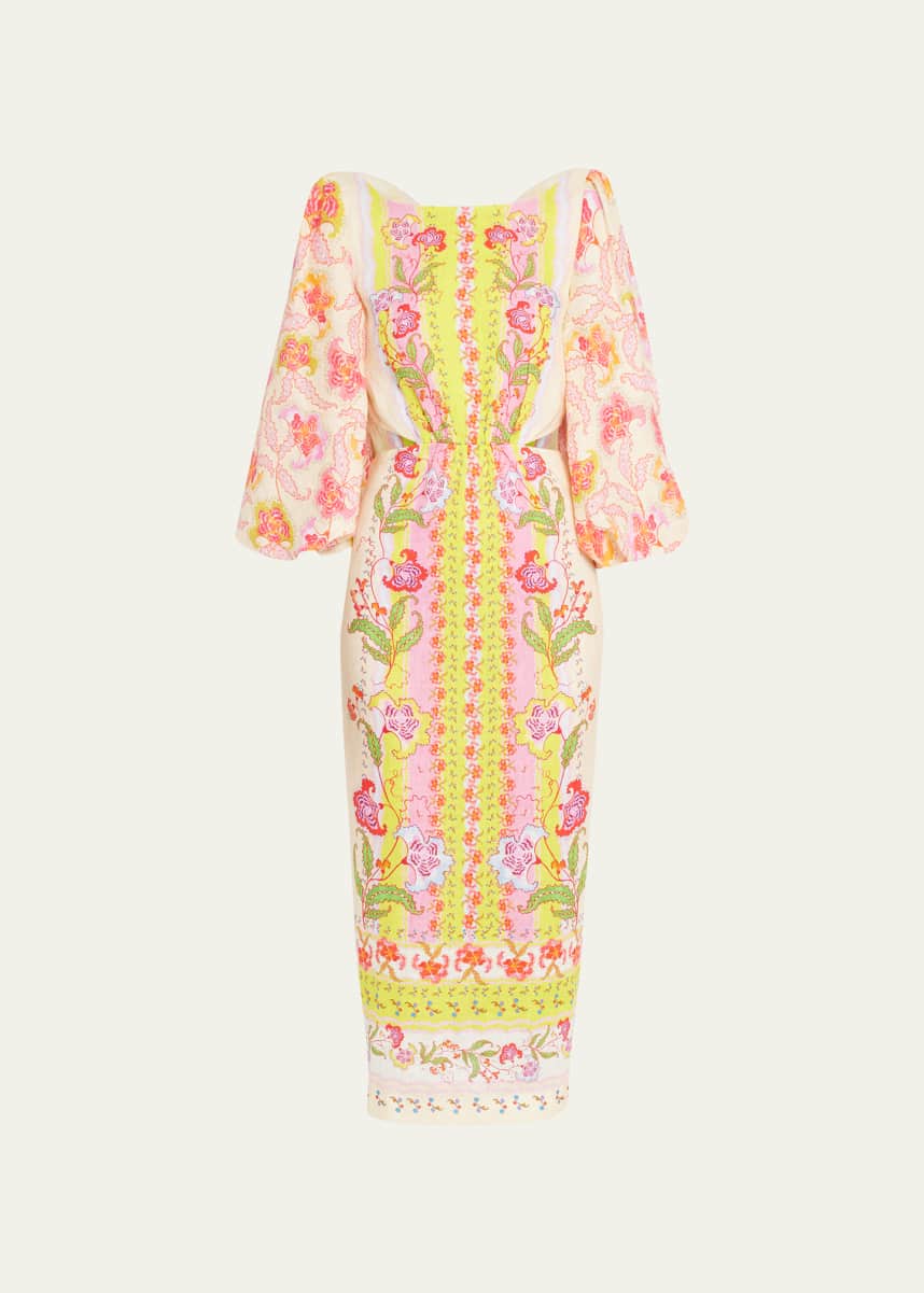 Saloni Neelam Puff-Sleeve Cutout Floral Linen Midi Dress