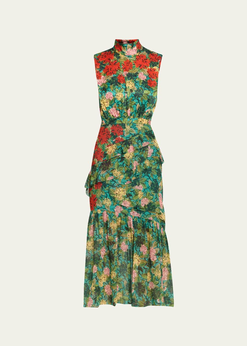 Saloni Fleur Silk Sleeveless Tiered-Ruffle Midi Dress
