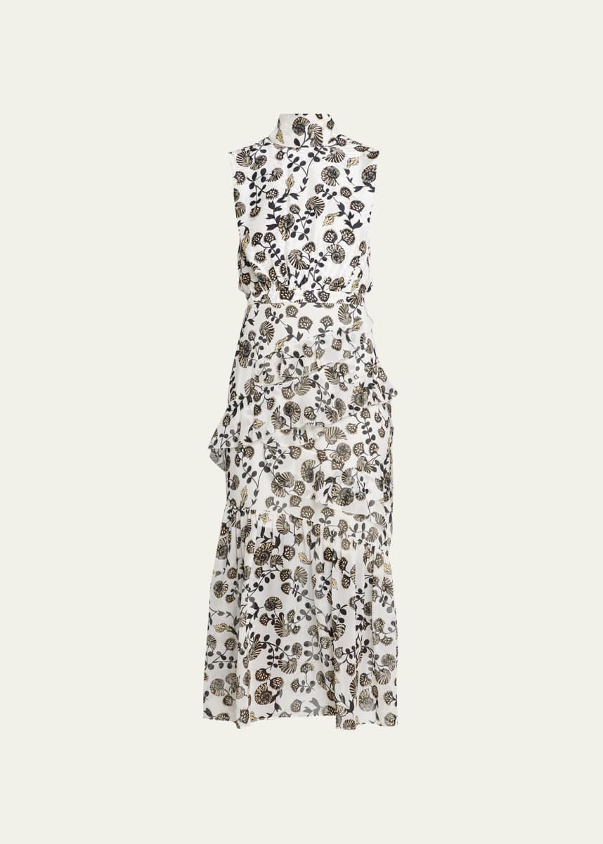 Saloni Fleur Silk Sleeveless Tiered-Ruffle Midi Dress
