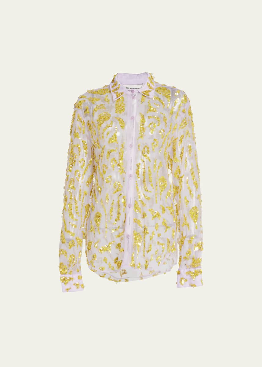 Des Phemmes Embroidered Tulle Button-Front Shirt