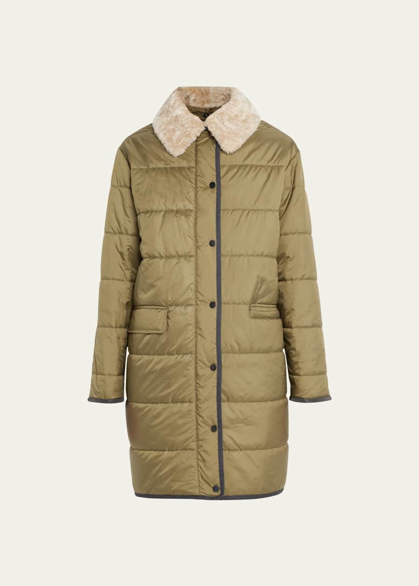 Brunello Cucinelli Matte Nylon Quilted Parka Jacket with Shearling Ruff