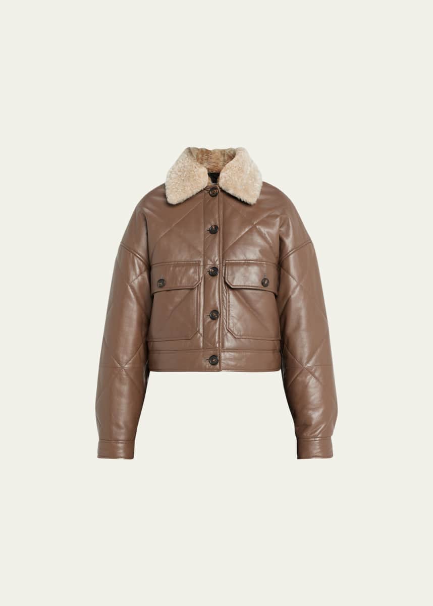 Brunello Cucinelli Glossy Nappa Leather Quilted Jacket With Shearling Collar