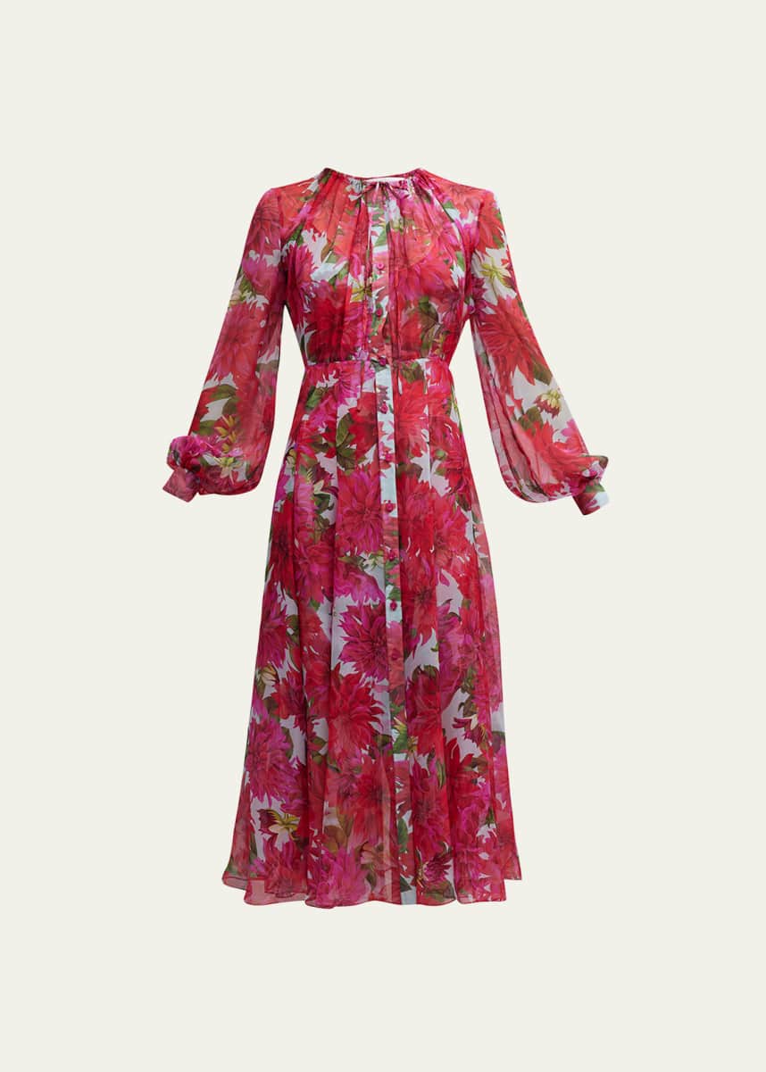 Oscar de la Renta Silk Chiffon Dahlia Print Midi Dress