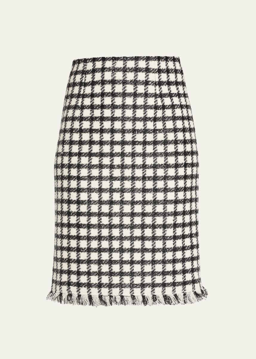 Oscar de la Renta Lurex Check Print Tweed Pencil Skirt with Fringe Detail