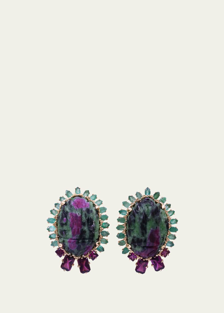 Stephen Dweck 18K Rose Gold Hand Carved Stud Earrings in Ruby Zoisite, Emerald, And Rhodolite Garnet
