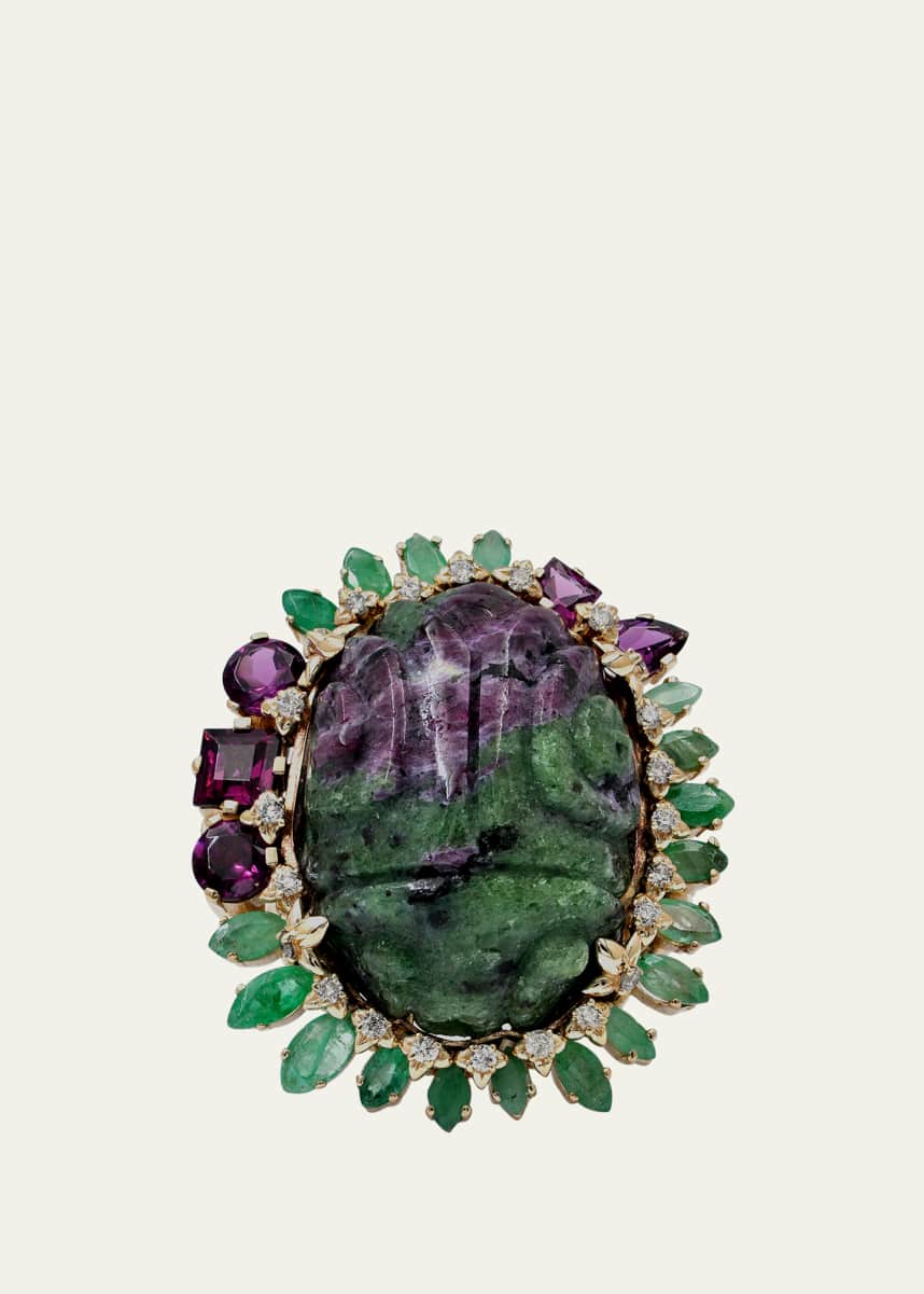 Stephen Dweck Hand-Carved Ruby Zoisite, Emerald, Rhodolite Garnet and Diamond Ring in 18K Gold