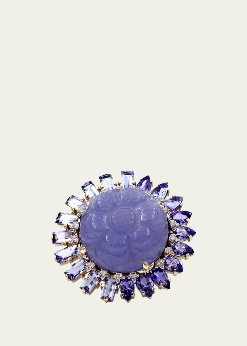 Stephen Dweck Hand-Carved Chalcedony, Tanzanite and Diamond Ring in 18K Gold