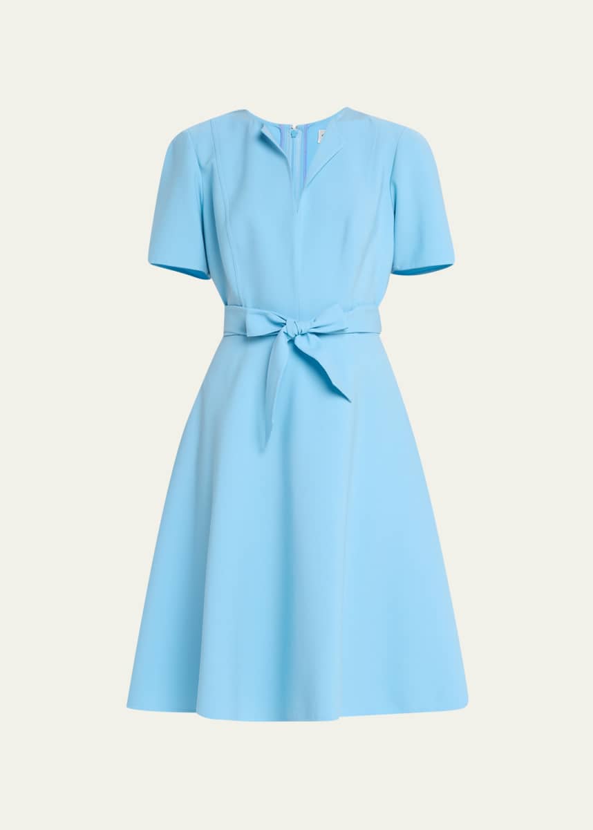 Oscar de la Renta Short Sleeve Split-Neck Wool Dress with Tie Detail