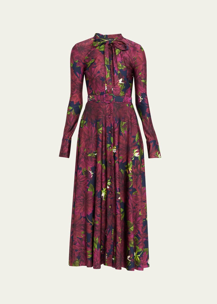 Oscar de la Renta Dhalia Floral-Print Belted Tie-Neck Midi Dress