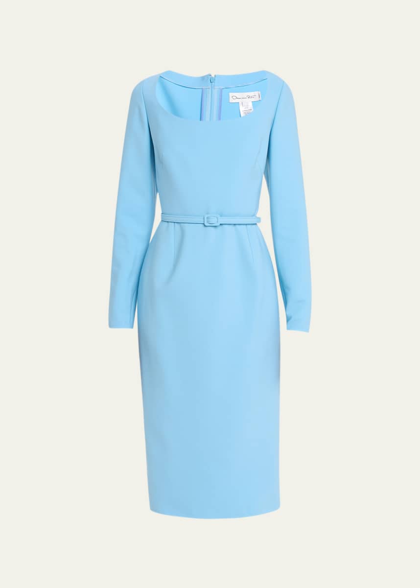 Oscar de la Renta Scoop-Neck Pencil Skirt Belted Wool Dress