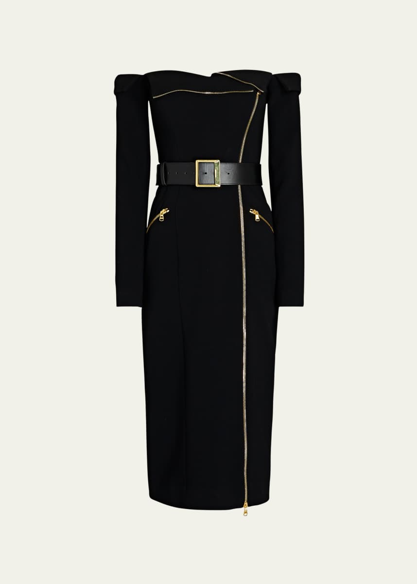 Sergio Hudson Biker Off-Shoulder Cocktail Dress with Zipper Detail