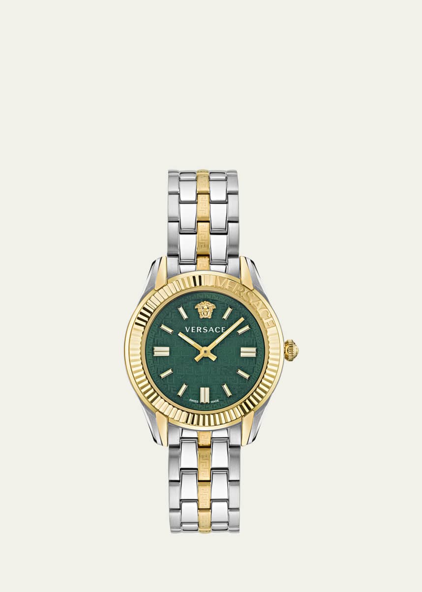 Versace 35mm Greca Time Watch with Bracelet Strap, Two-Tone/Green