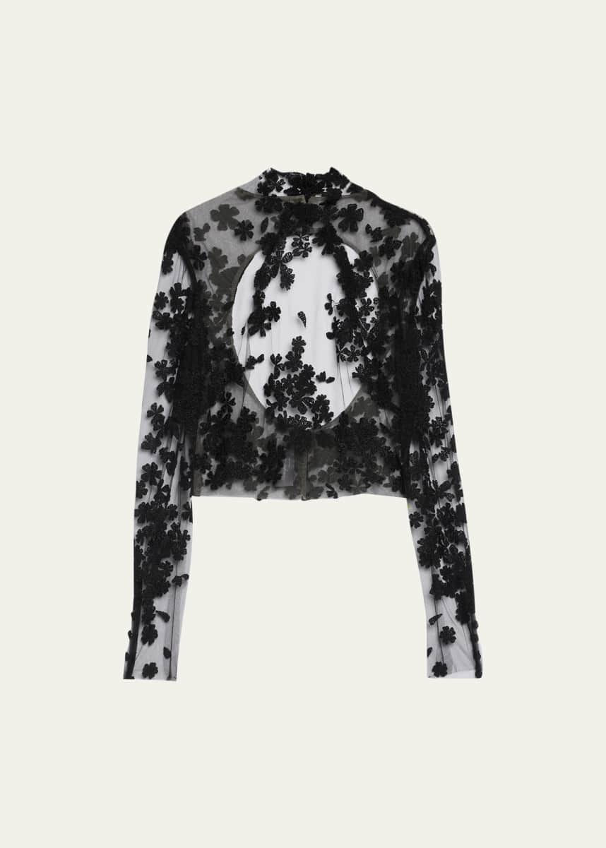 Monique Lhuillier Floral Applique Tulle Open-Back Jacket