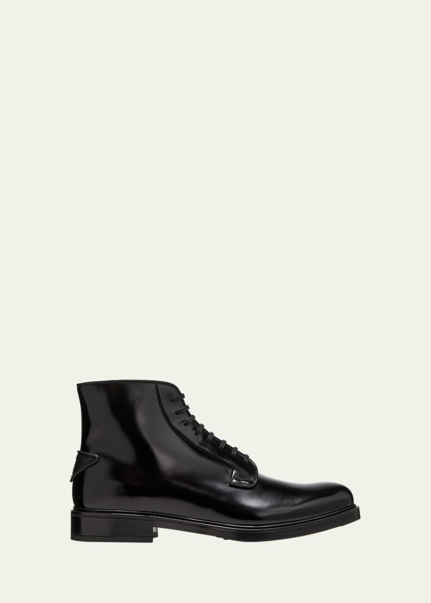 Prada Men's Leather Lace-Up Boots with Triangle Logo