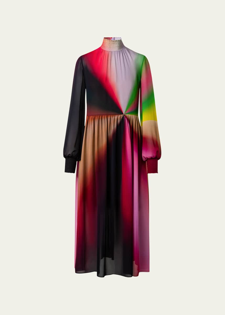 Akris punto Mock-Neck Printed Georgette Blouson-Sleeve Midi Dress