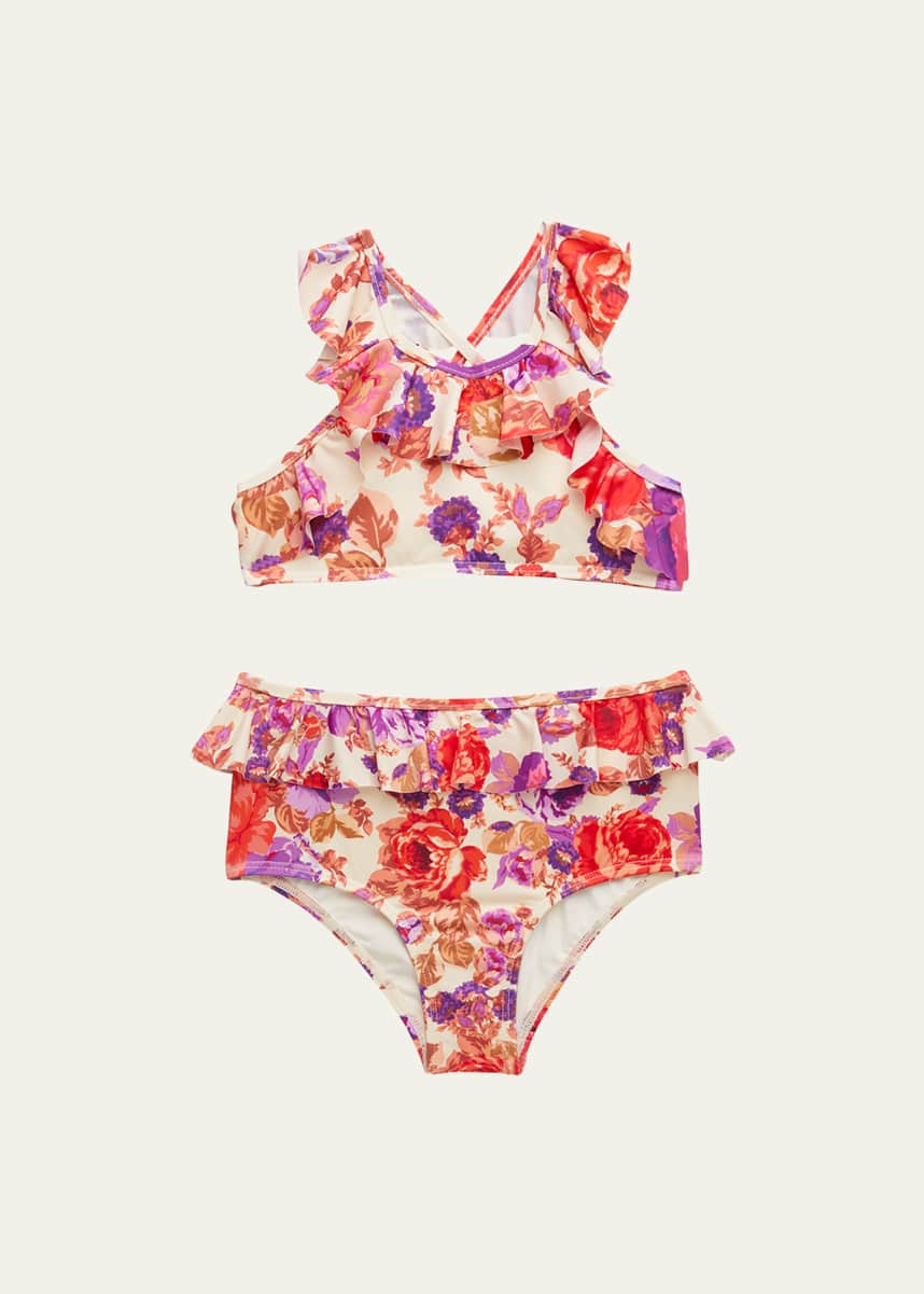 Zimmermann Girl's Raie Floral-Print Frill Two-Piece Swimsuit, Size 4-12