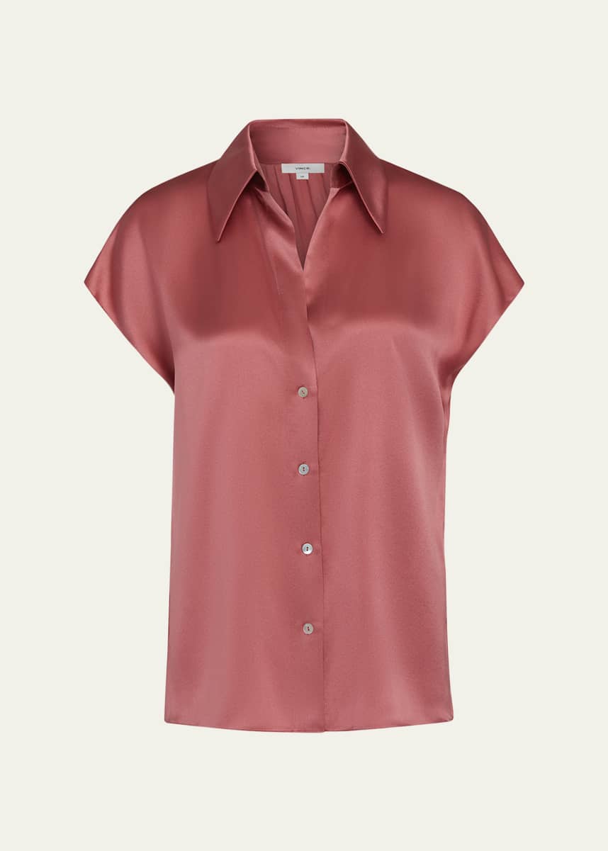 Vince Cap-Sleeve Ruched-Back Silk Blouse