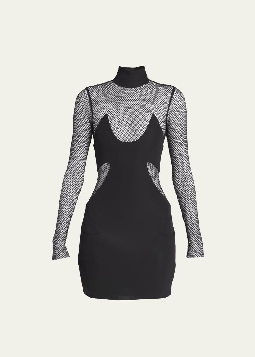 TOM FORD Black Crepe Mini Dress with Mesh Inset Details
