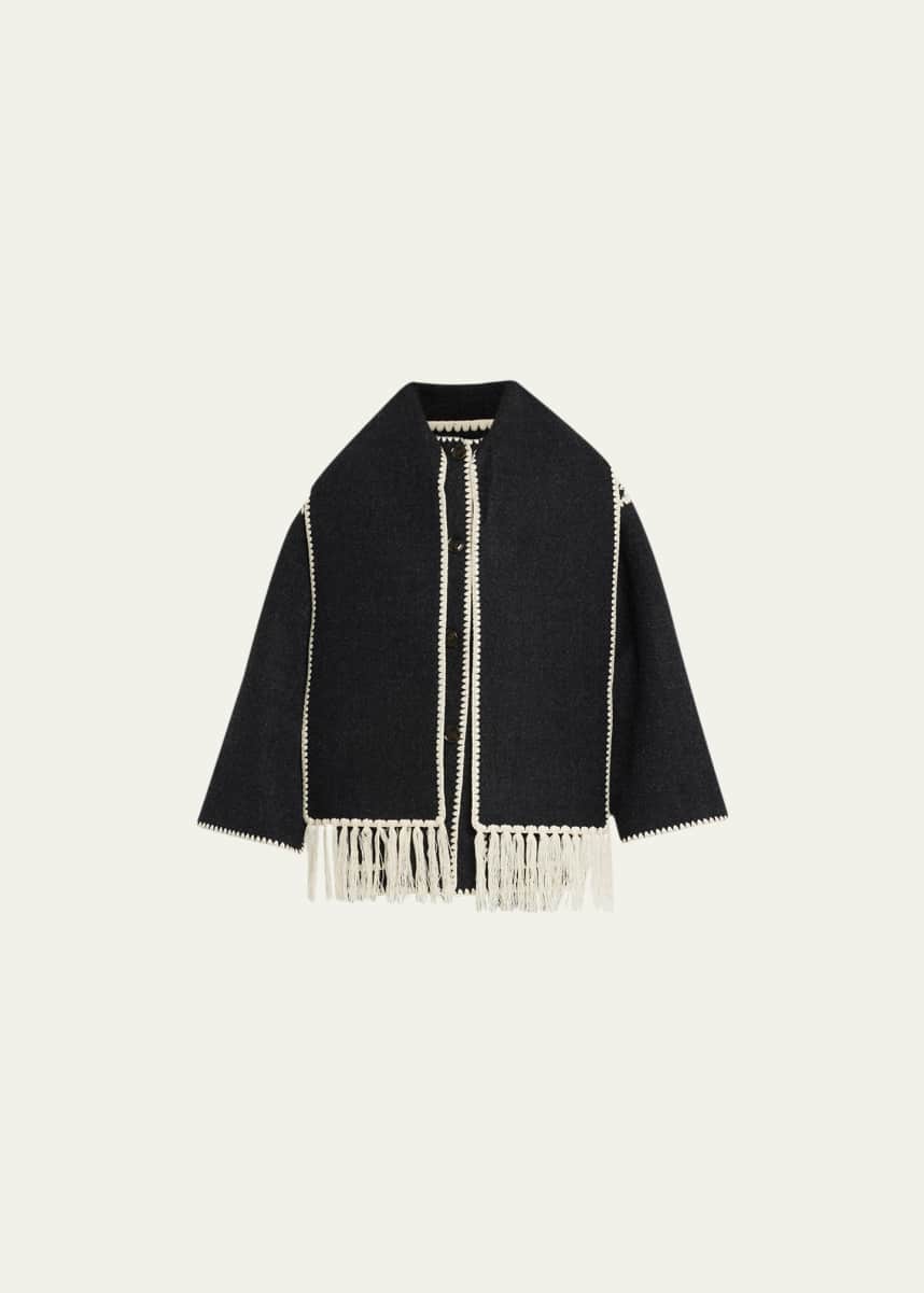 Toteme Embroidered Fringe Contrast-Trim Scarf Wool Jacket