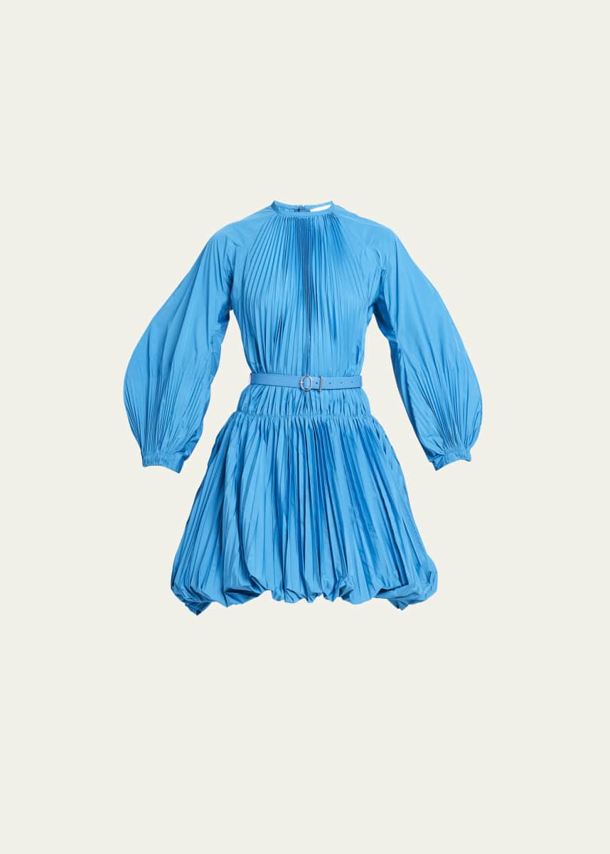 Jil Sander Pleated Blouson-Sleeve Balloon Mini Dress With Belt