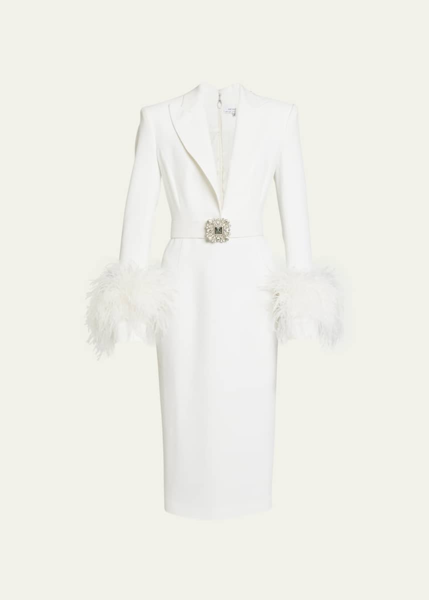 Andrew Gn Woven Midi Dress with Feather Cuffs and Crystal Belt